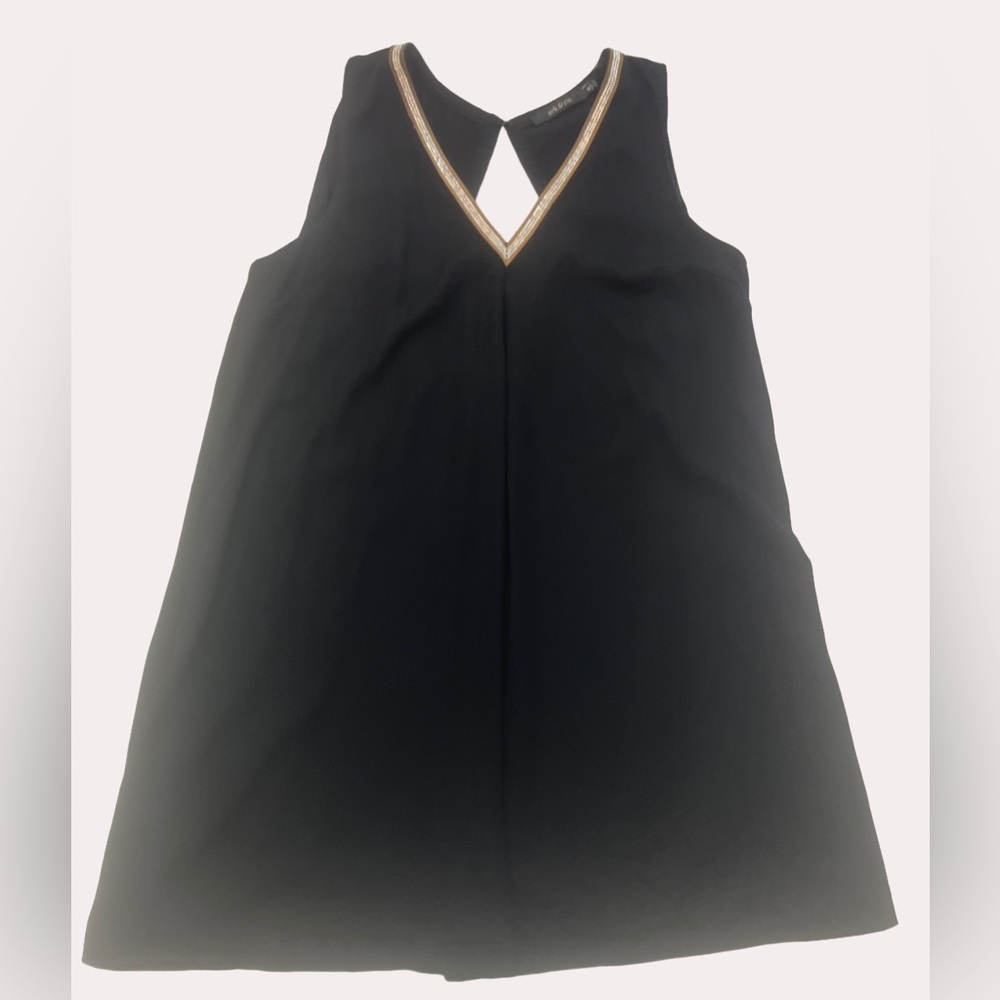 Ark & Co Black rhinestone/gold embellished trim v-neck Open back Shift Dress Med